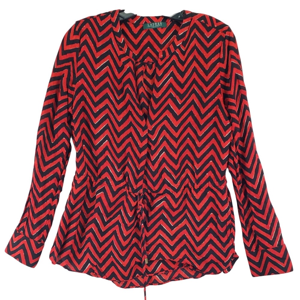 Lauren Ralph Lauren Blouse Women Petite Red Chevron Zig Zag Drawstring Waist
